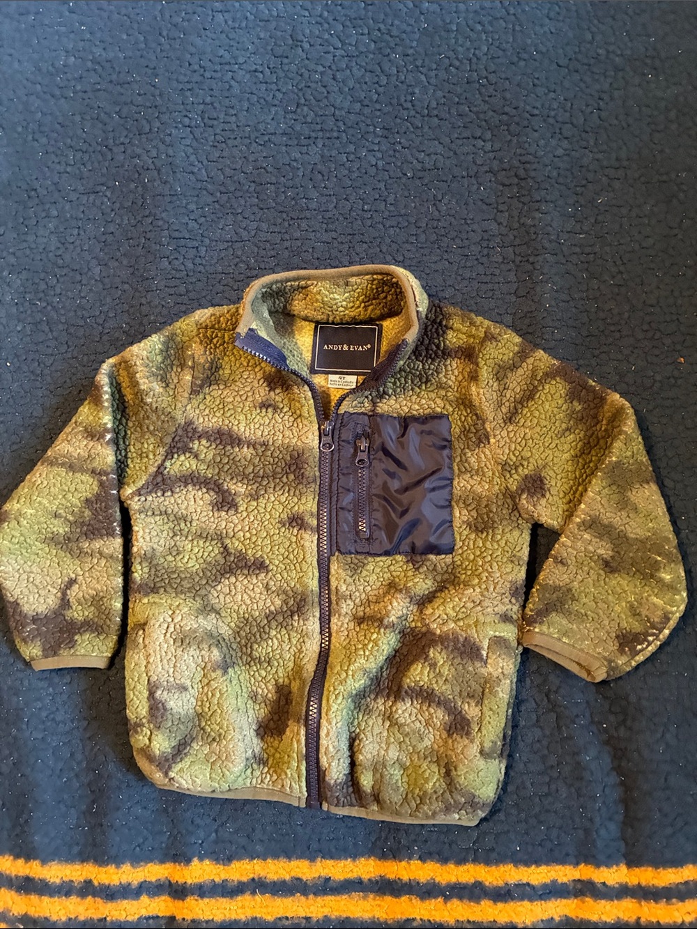 Andy & Evan Olive Green Camo Sherpa Jacket with Navy Pocket